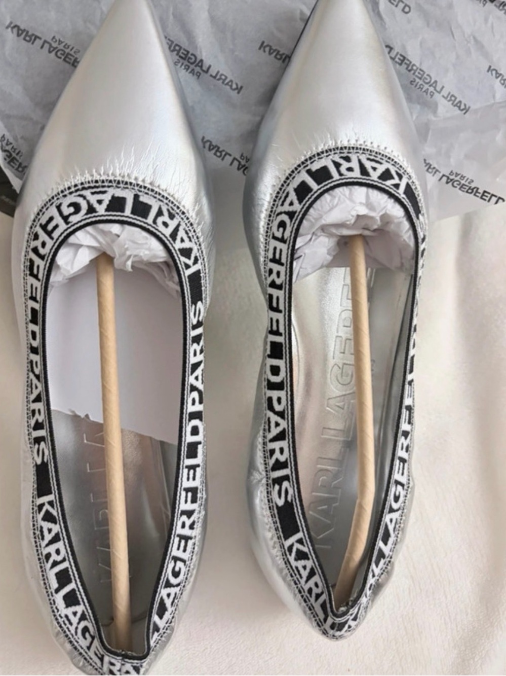 Karl Lagerfeld Metallic Silver Pointed Logo Trim Flats - Picture 1 of 5